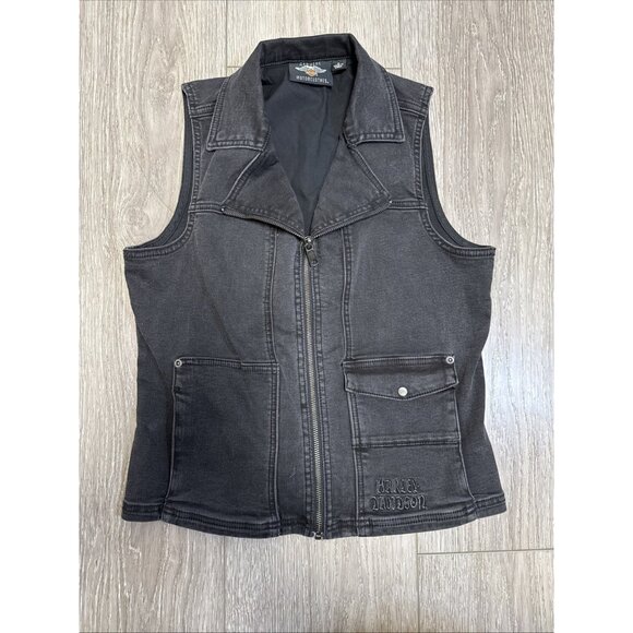 HARLEY DAVIDSON EMBROIDERED WINGED LOGO BLACK FULL ZIP DENIM VEST WOMEN'S SIZE M - Picture 7 of 12